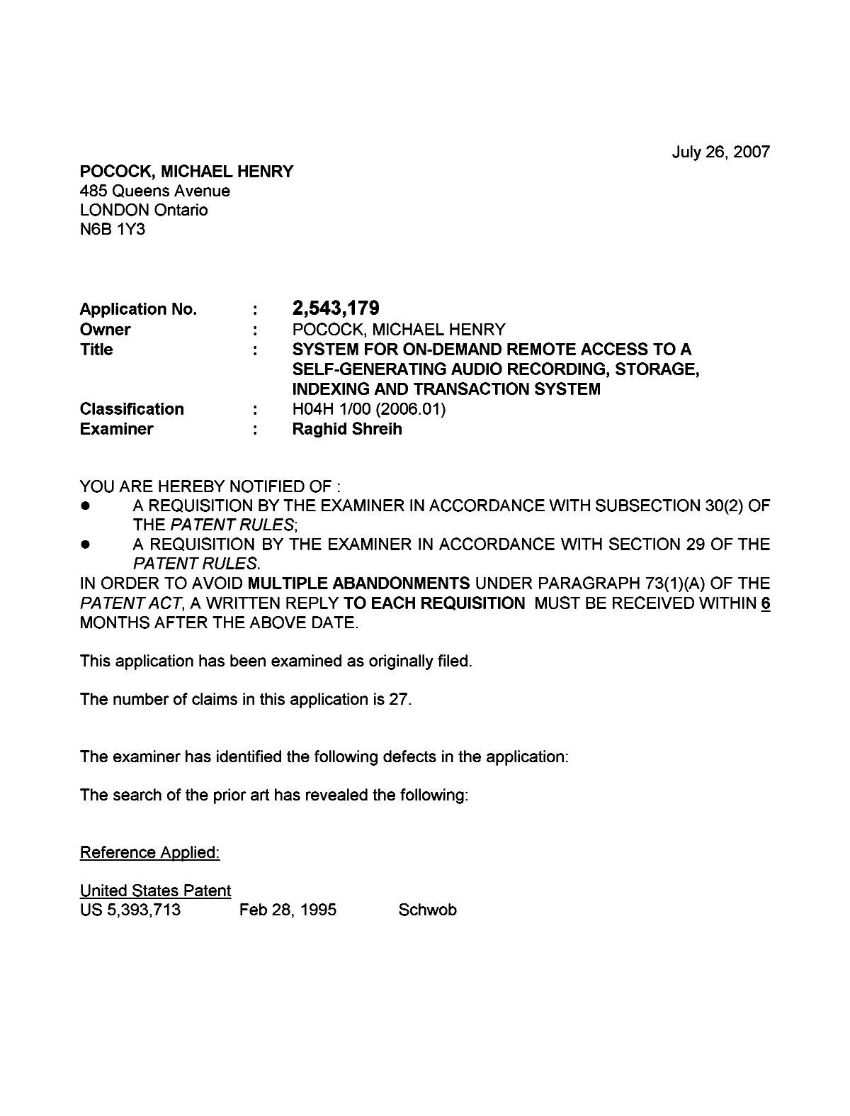Document de brevet canadien 2543179. Poursuite-Amendment 20070726. Image 1 de 3