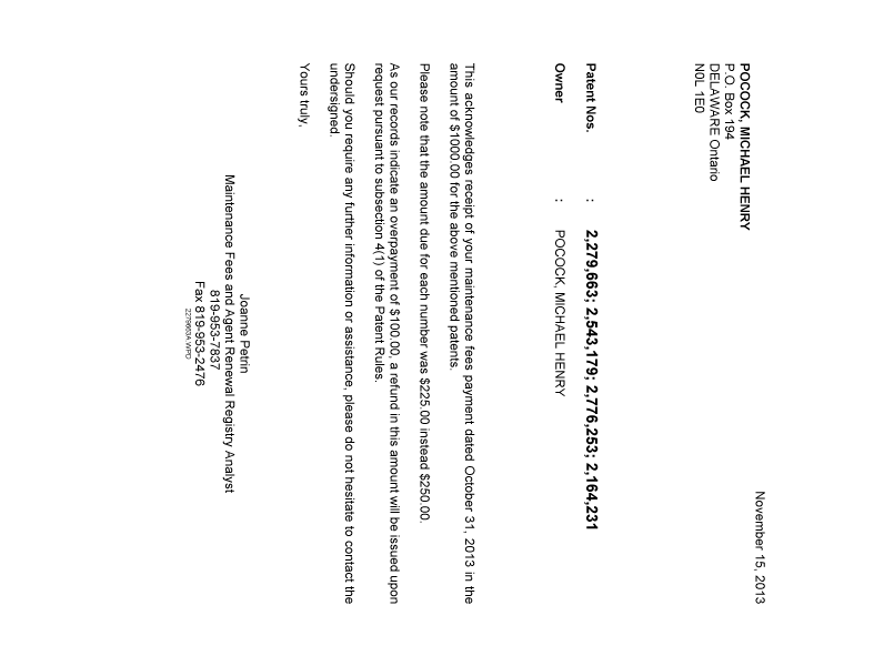 Document de brevet canadien 2543179. Correspondance 20131115. Image 1 de 1