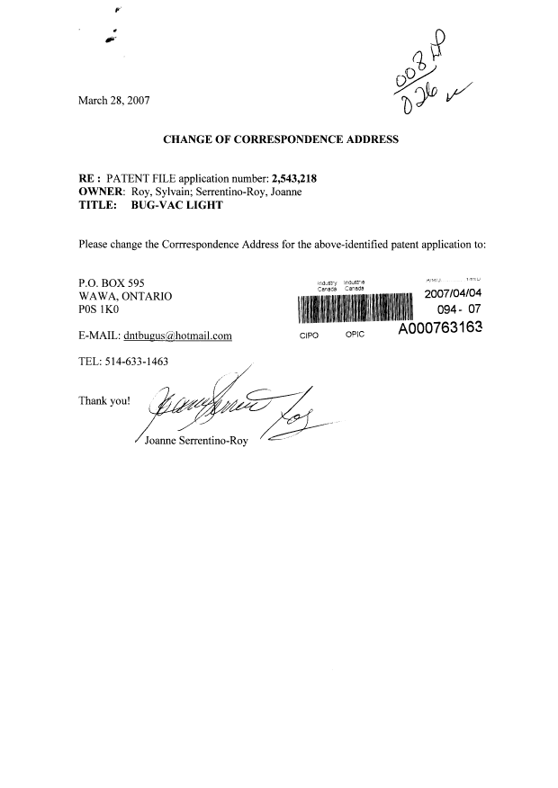 Document de brevet canadien 2543218. Correspondance 20070404. Image 1 de 1