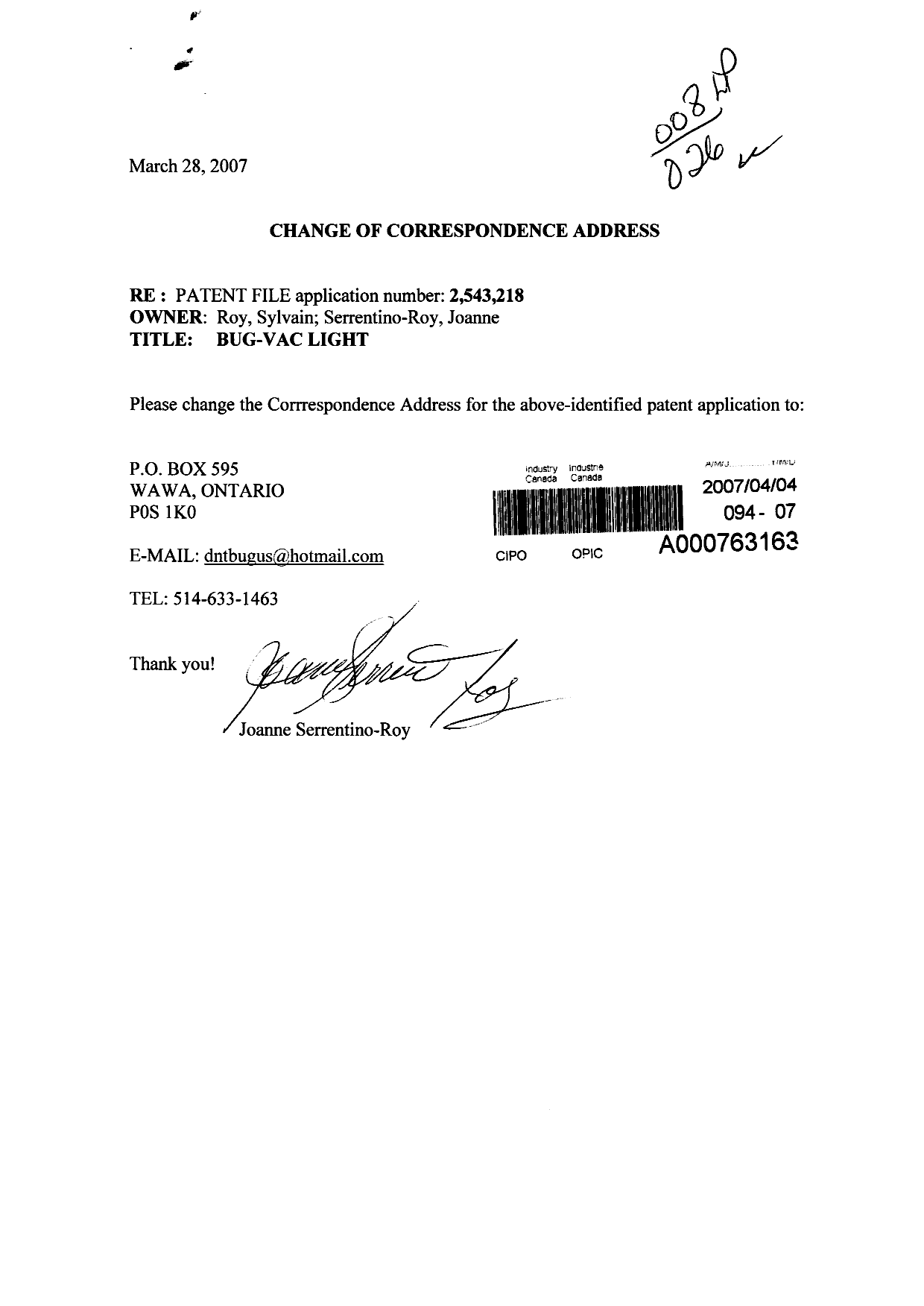 Canadian Patent Document 2543218. Correspondence 20070404. Image 1 of 1