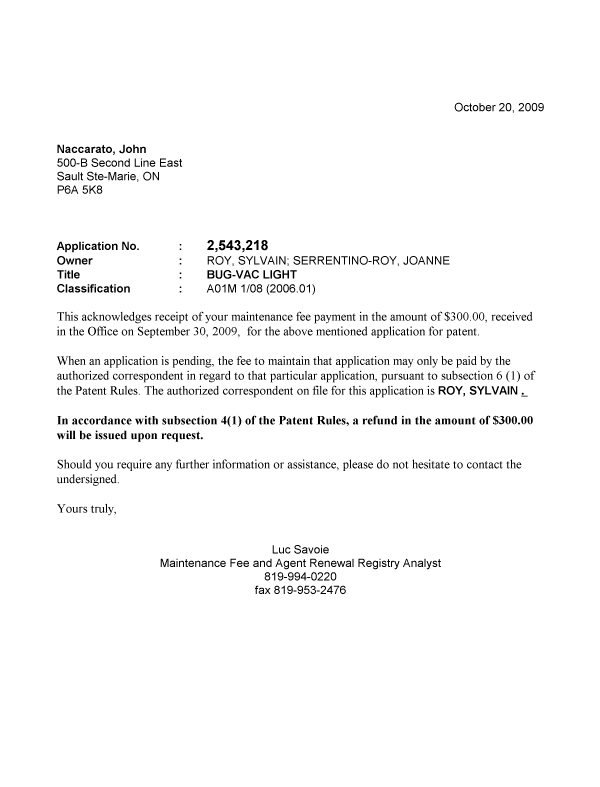 Document de brevet canadien 2543218. Correspondance 20091020. Image 1 de 1