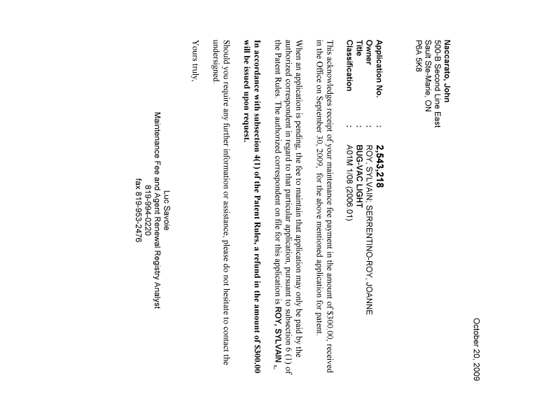 Canadian Patent Document 2543218. Correspondence 20091020. Image 1 of 1
