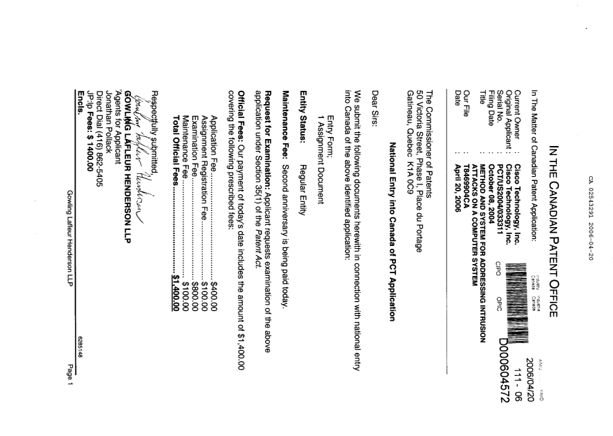 Document de brevet canadien 2543291. Cession 20060420. Image 1 de 12