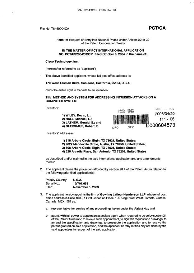 Document de brevet canadien 2543291. Cession 20060420. Image 2 de 12