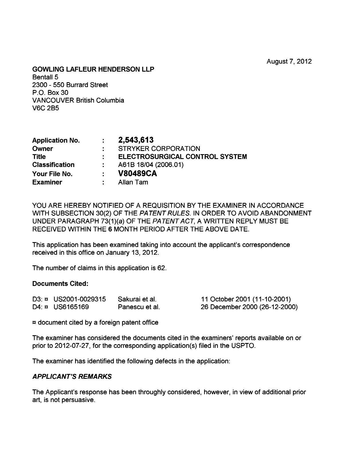 Document de brevet canadien 2543613. Poursuite-Amendment 20120807. Image 1 de 3