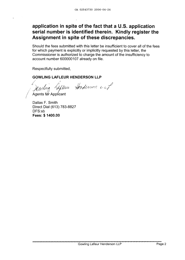 Document de brevet canadien 2543730. Cession 20060424. Image 2 de 8