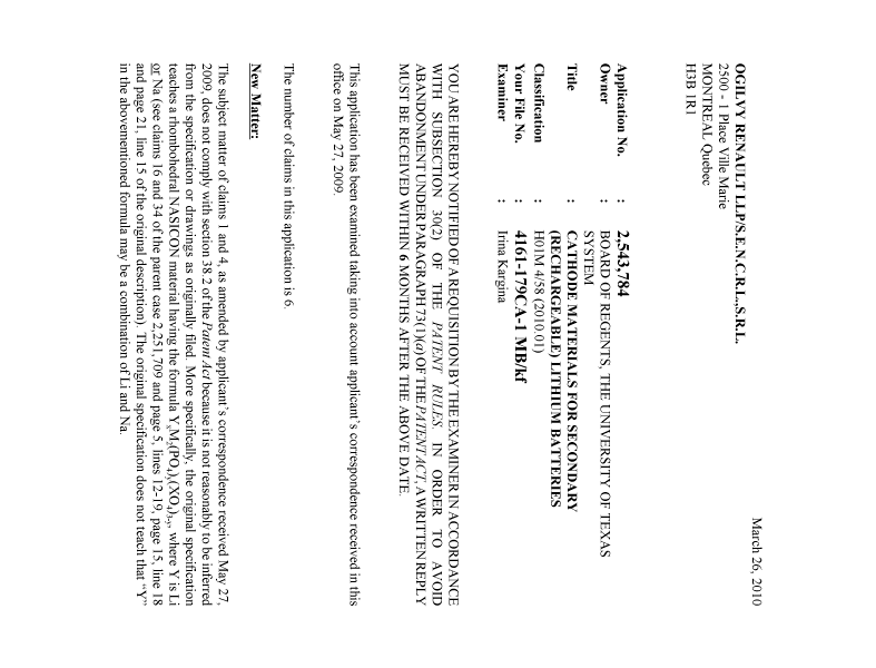 Document de brevet canadien 2543784. Poursuite-Amendment 20100326. Image 1 de 3