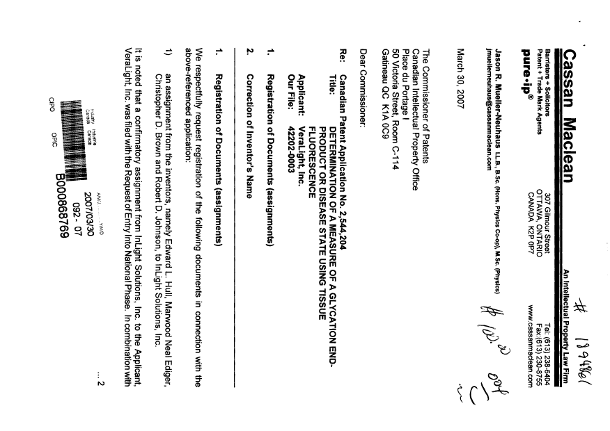 Document de brevet canadien 2544204. Cession 20070330. Image 1 de 6