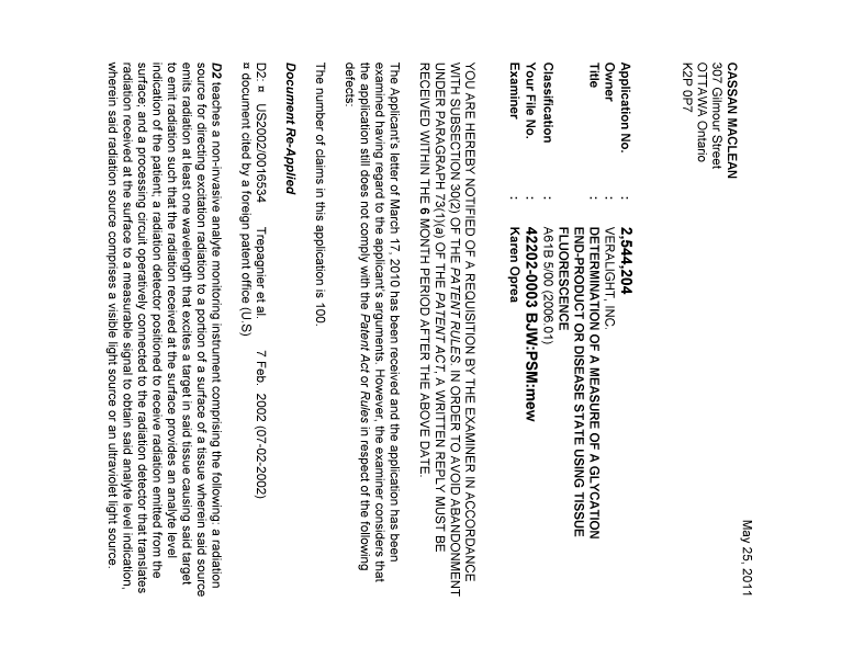 Document de brevet canadien 2544204. Poursuite-Amendment 20110525. Image 1 de 4