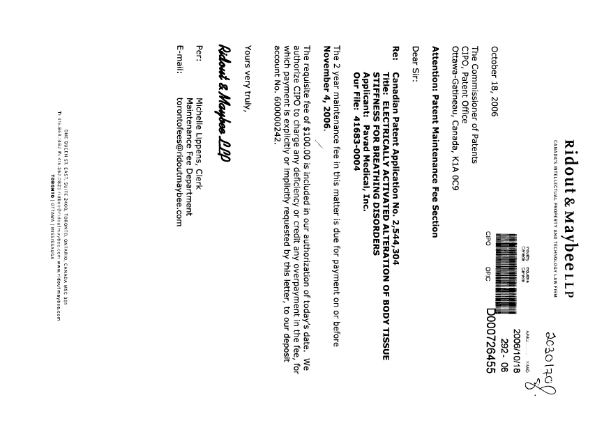 Document de brevet canadien 2544304. Taxes 20061018. Image 1 de 1