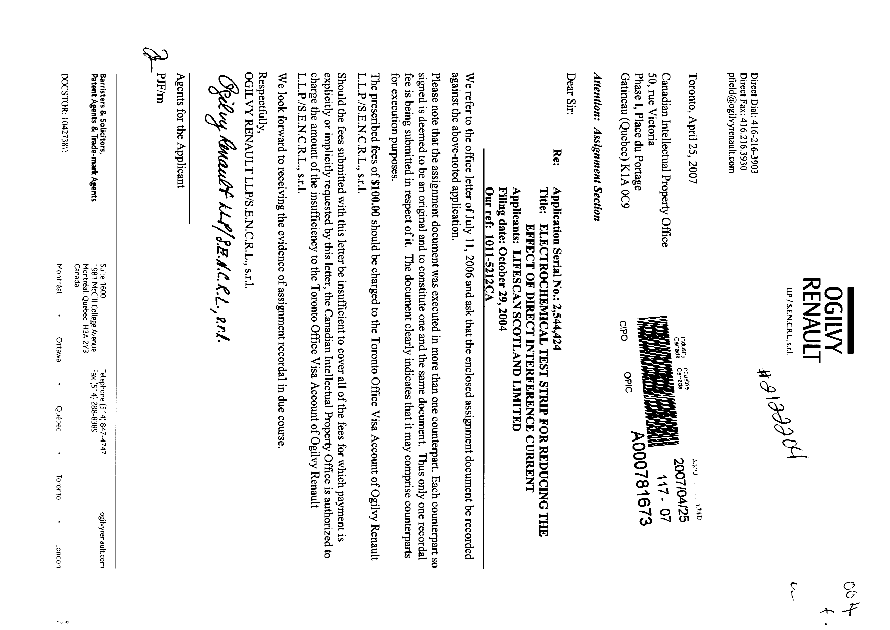 Canadian Patent Document 2544424. Assignment 20061225. Image 1 of 5