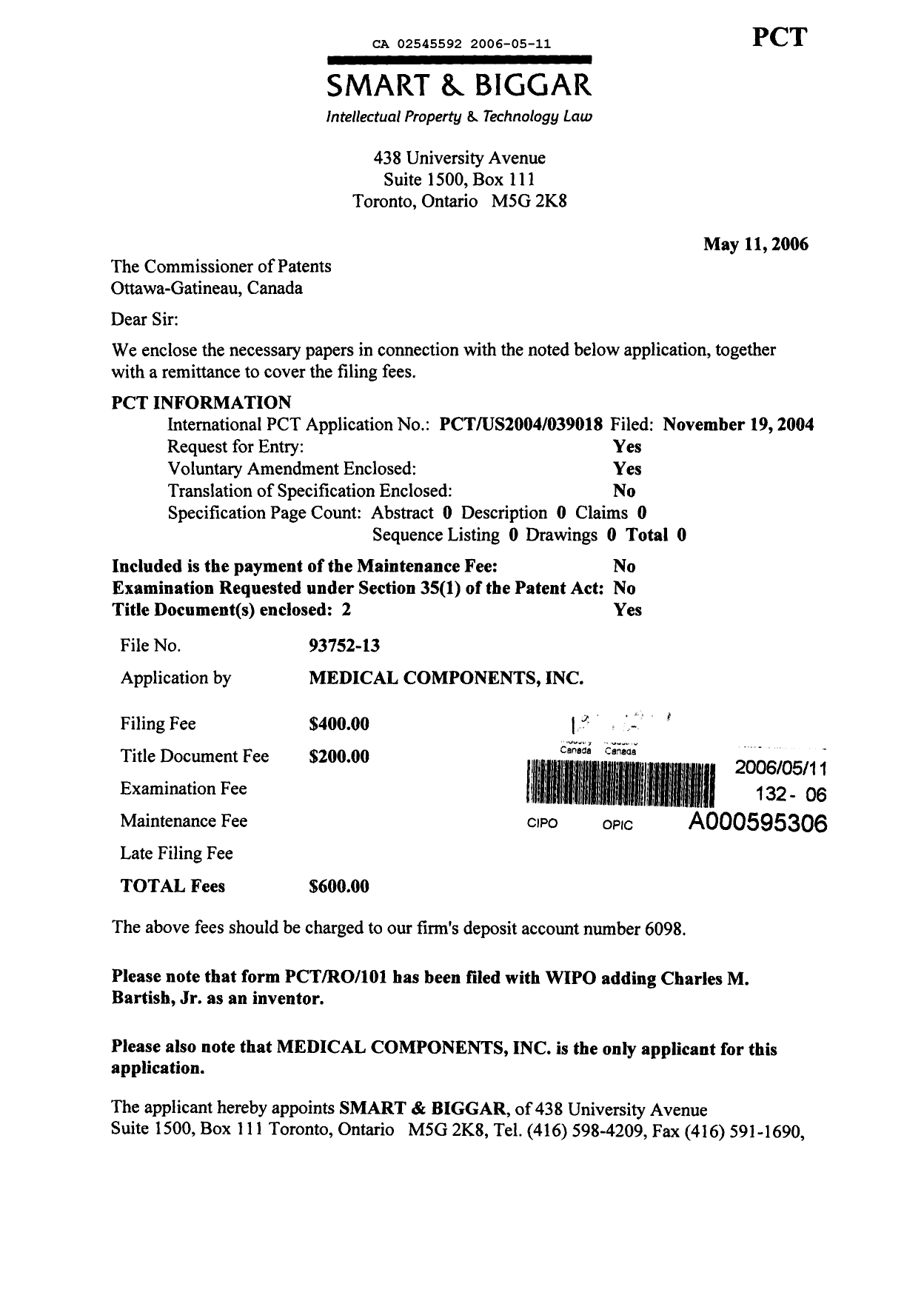 Document de brevet canadien 2545592. Cession 20060511. Image 1 de 8