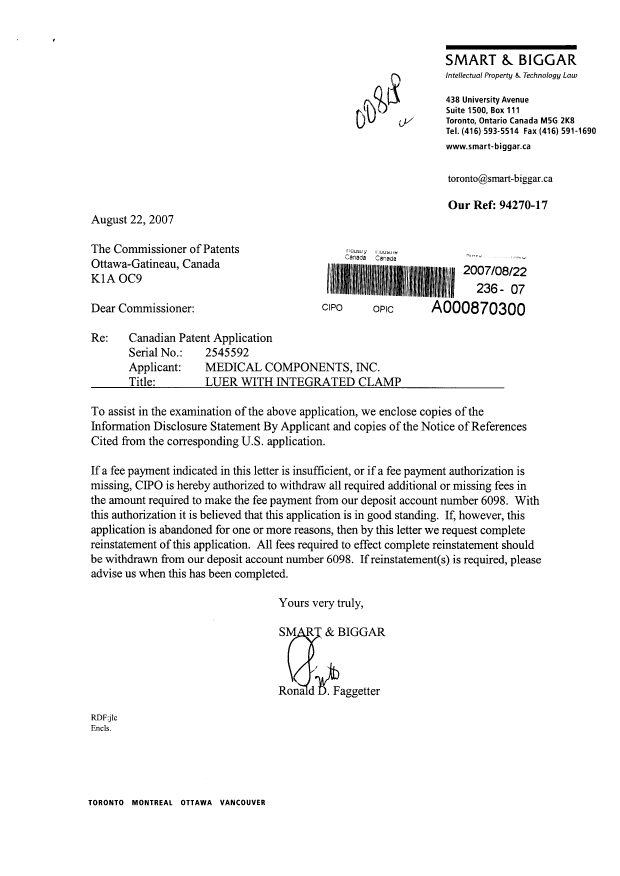 Canadian Patent Document 2545592. Prosecution-Amendment 20070822. Image 1 of 1