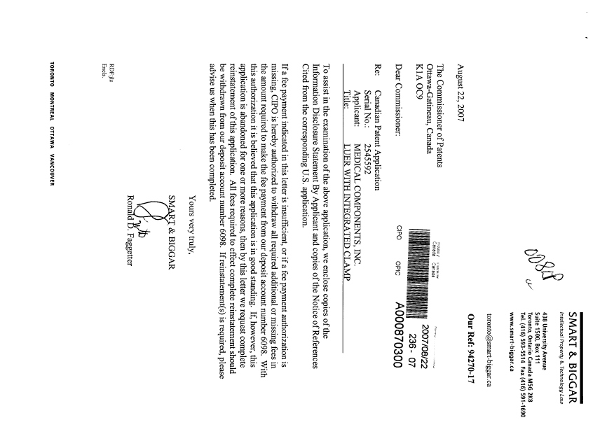 Document de brevet canadien 2545592. Poursuite-Amendment 20070822. Image 1 de 1