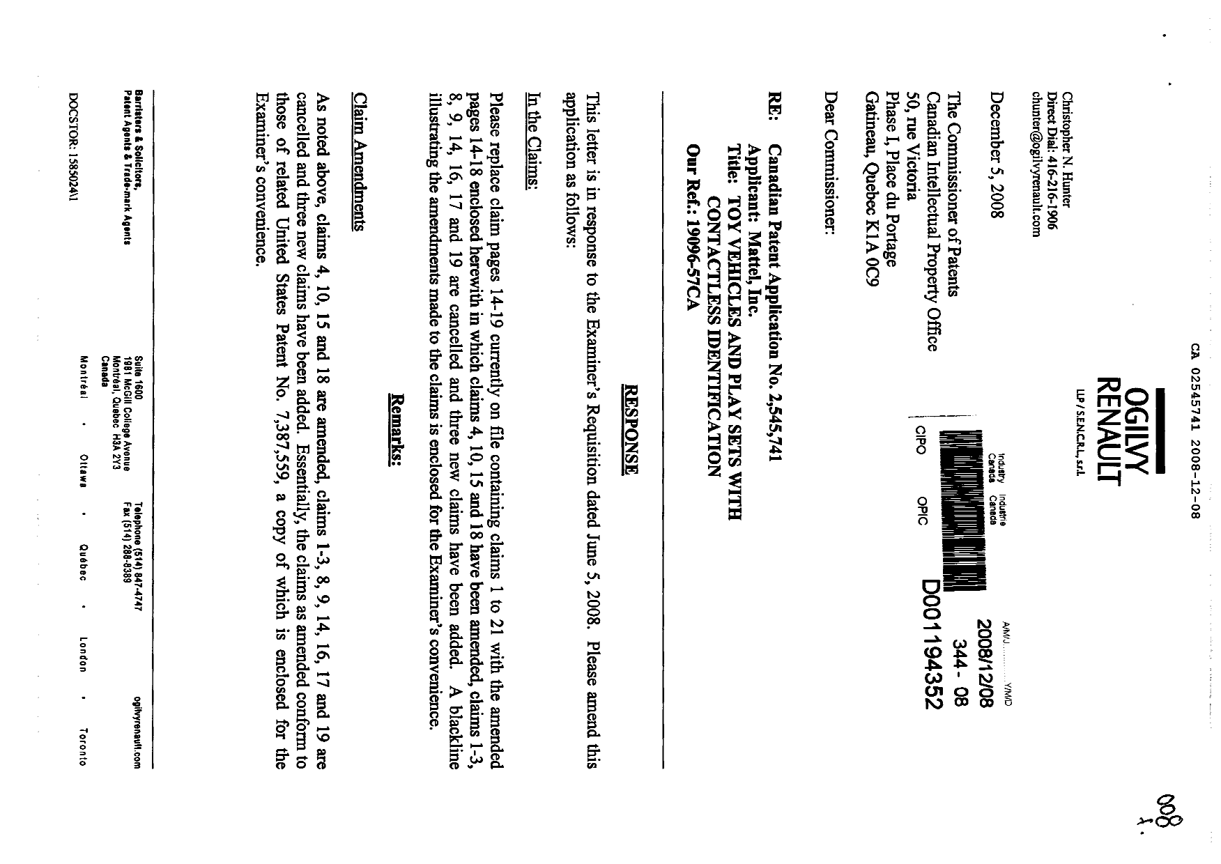 Canadian Patent Document 2545741. Prosecution-Amendment 20081208. Image 1 of 13