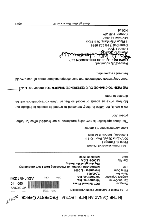 Canadian Patent Document 2545881. Correspondence 20100329. Image 1 of 1