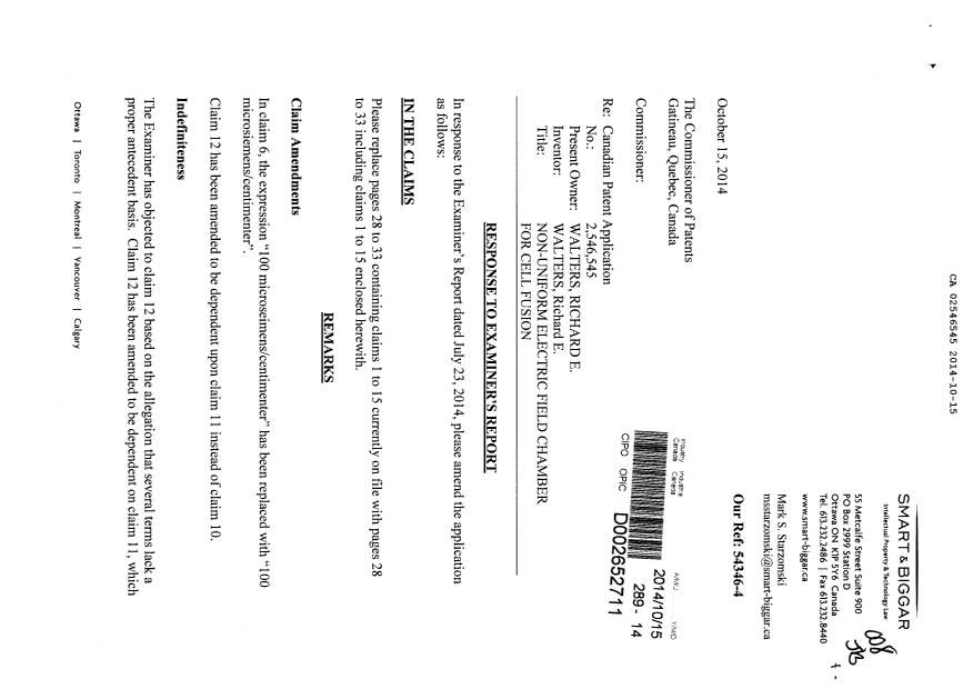 Document de brevet canadien 2546545. Poursuite-Amendment 20141015. Image 1 de 8