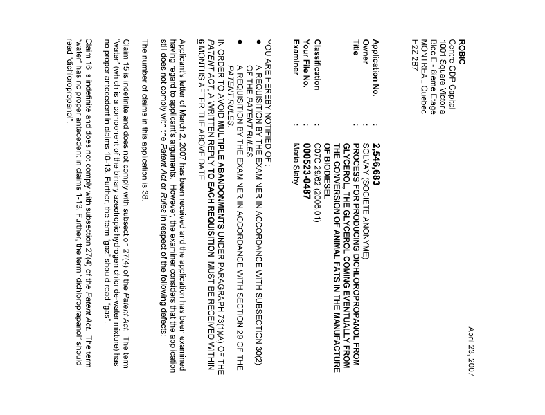 Document de brevet canadien 2546683. Poursuite-Amendment 20070423. Image 1 de 3