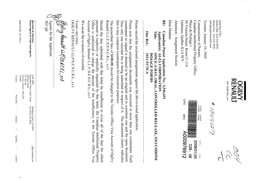 Document de brevet canadien 2546691. Cession 20080125. Image 1 de 3