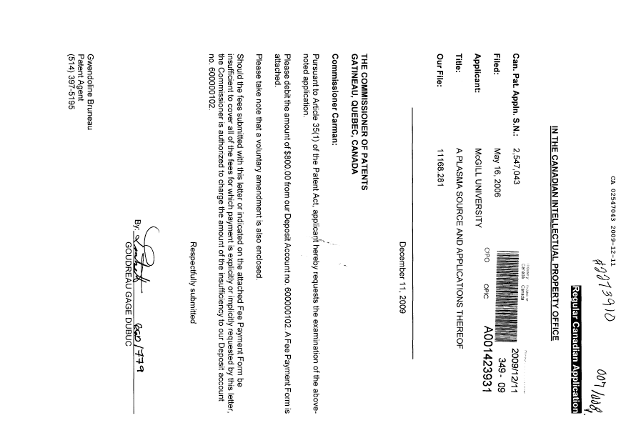 Document de brevet canadien 2547043. Poursuite-Amendment 20081211. Image 1 de 13