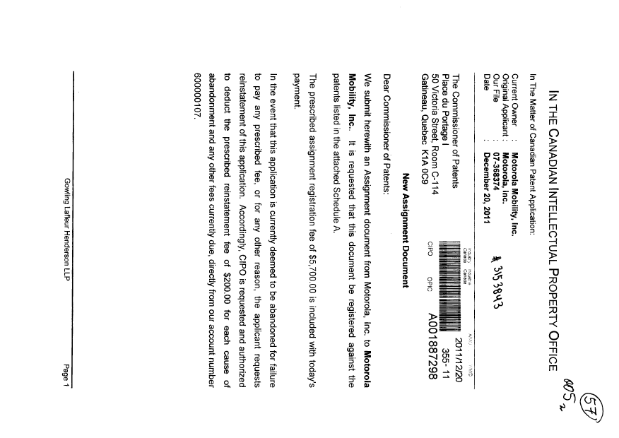 Canadian Patent Document 2547549. Assignment 20111220. Image 1 of 8