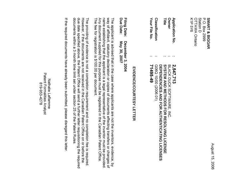 Canadian Patent Document 2547713. Correspondence 20060810. Image 1 of 1