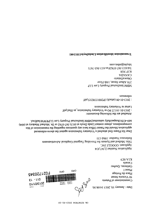 Canadian Patent Document 2547834. Prosecution-Amendment 20130110. Image 1 of 3