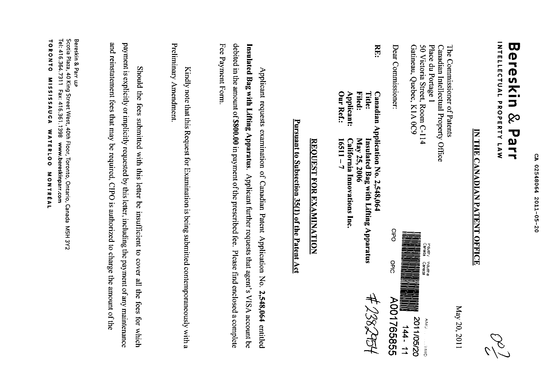 Canadian Patent Document 2548064. Prosecution-Amendment 20110520. Image 1 of 2