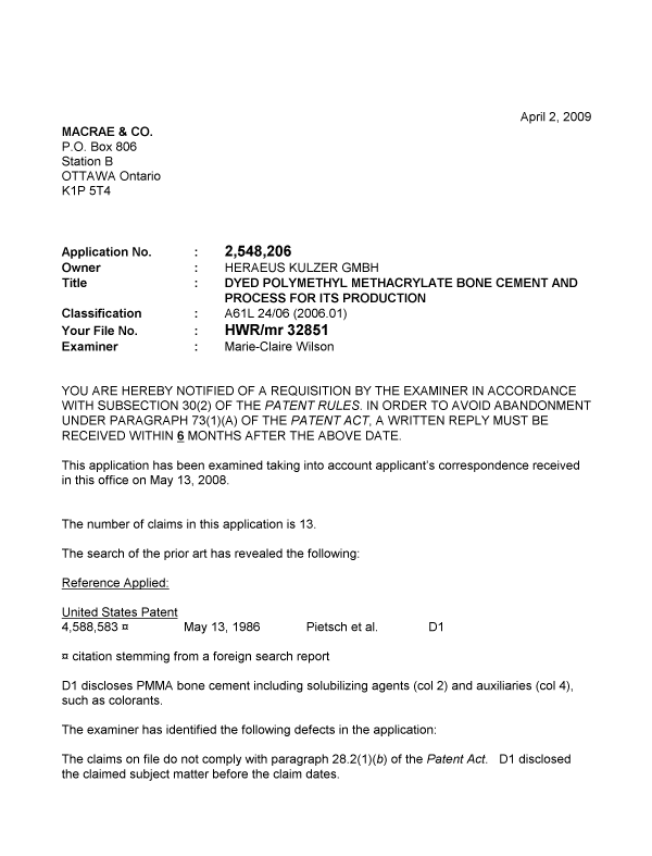 Canadian Patent Document 2548206. Prosecution-Amendment 20090402. Image 1 of 3