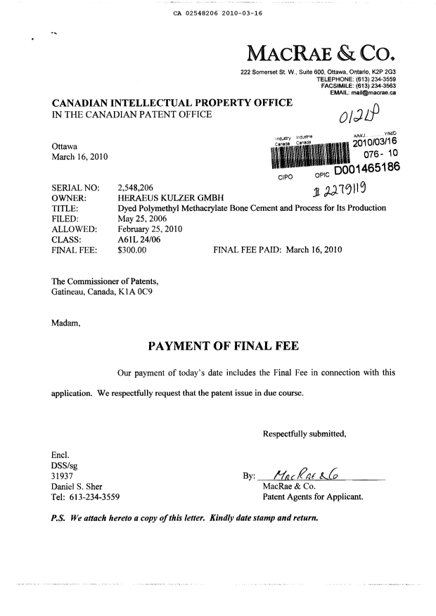Document de brevet canadien 2548206. Correspondance 20100316. Image 1 de 1