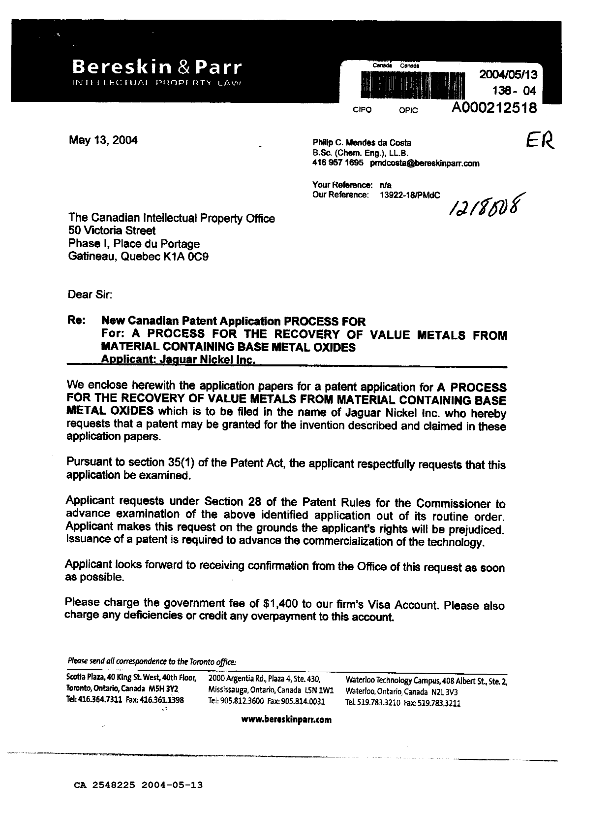 Document de brevet canadien 2548225. Correspondance 20031213. Image 1 de 2