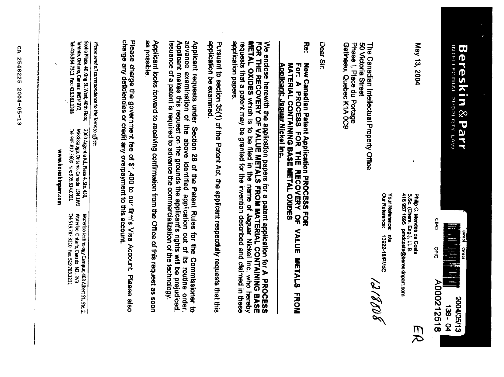 Document de brevet canadien 2548225. Correspondance 20031213. Image 1 de 2