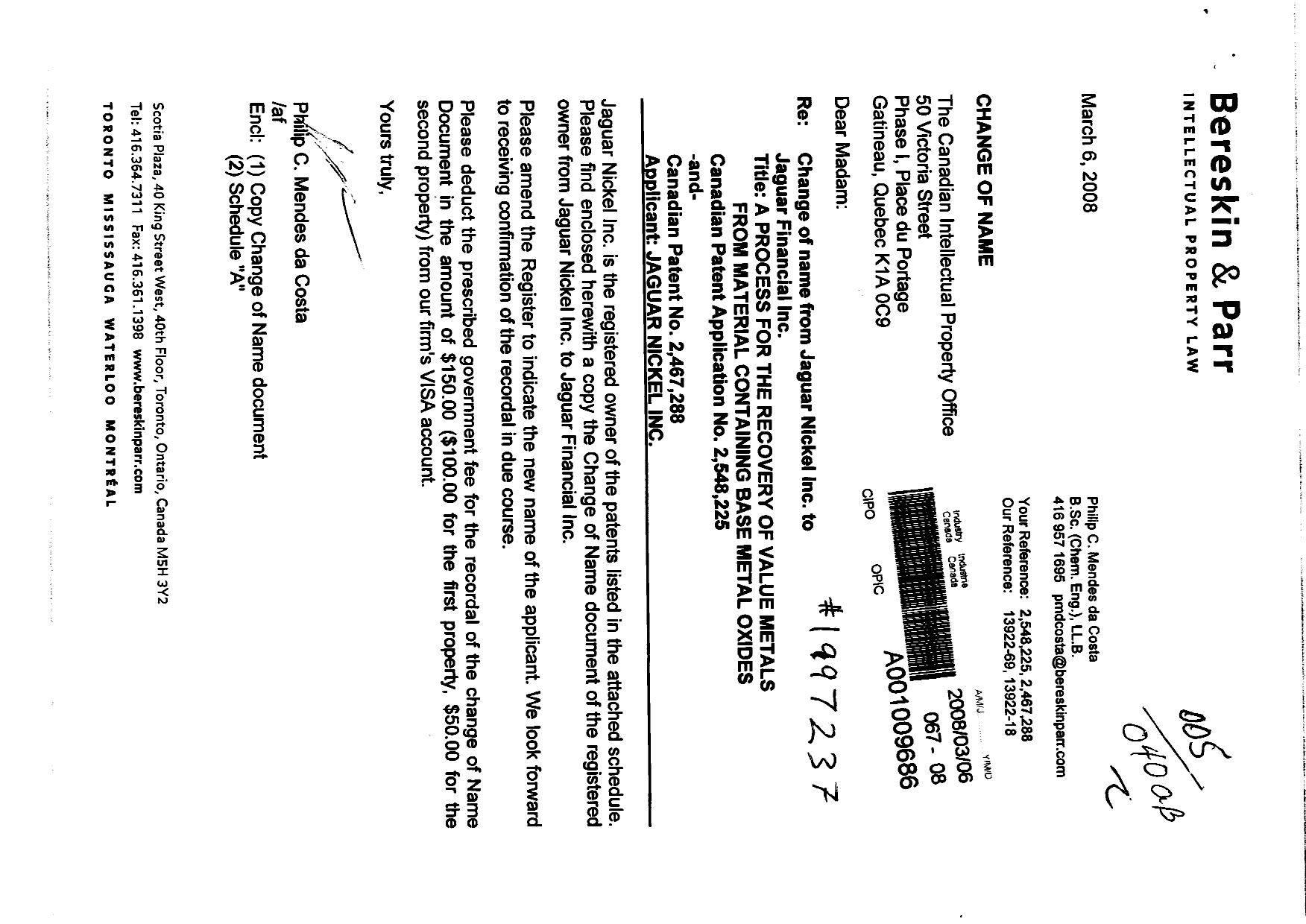 Document de brevet canadien 2548225. Correspondance 20071206. Image 1 de 2