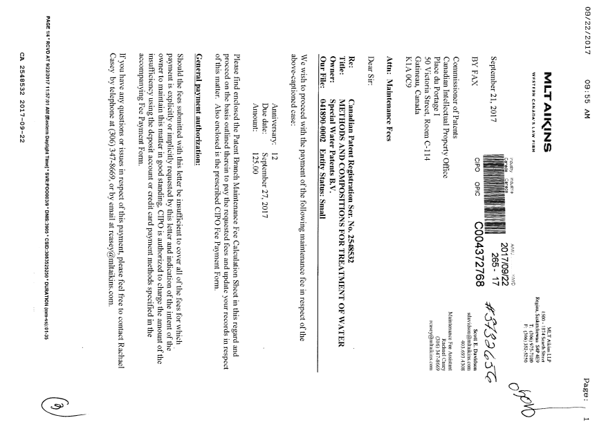 Document de brevet canadien 2548532. Paiement de taxe périodique 20170922. Image 1 de 3