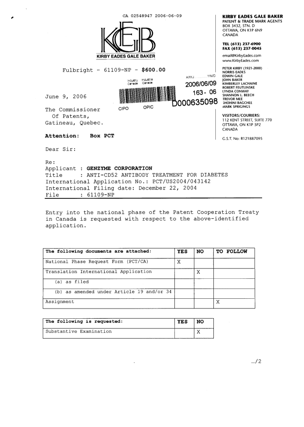 Document de brevet canadien 2548947. Cession 20060609. Image 1 de 4