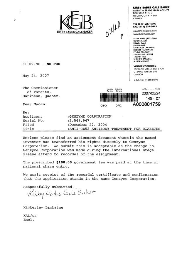 Document de brevet canadien 2548947. Cession 20070524. Image 1 de 6