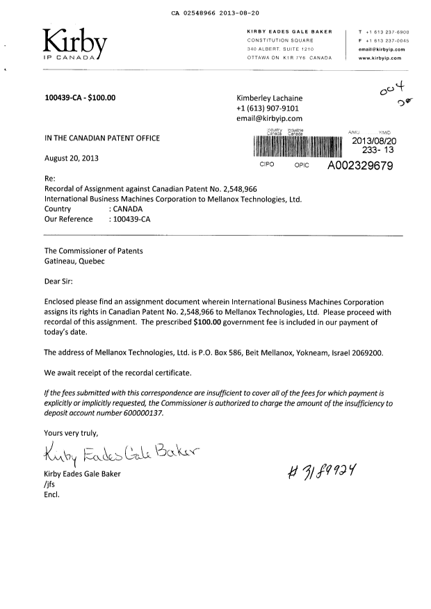 Document de brevet canadien 2548966. Cession 20121220. Image 1 de 3