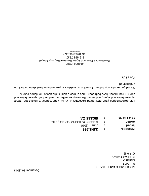 Canadian Patent Document 2548966. Correspondence 20131210. Image 1 of 1