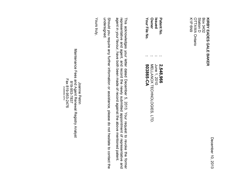 Document de brevet canadien 2548966. Correspondance 20131210. Image 1 de 1