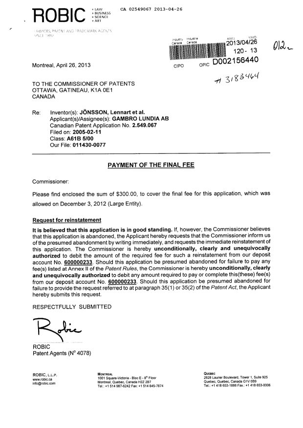 Document de brevet canadien 2549067. Correspondance 20130426. Image 1 de 2