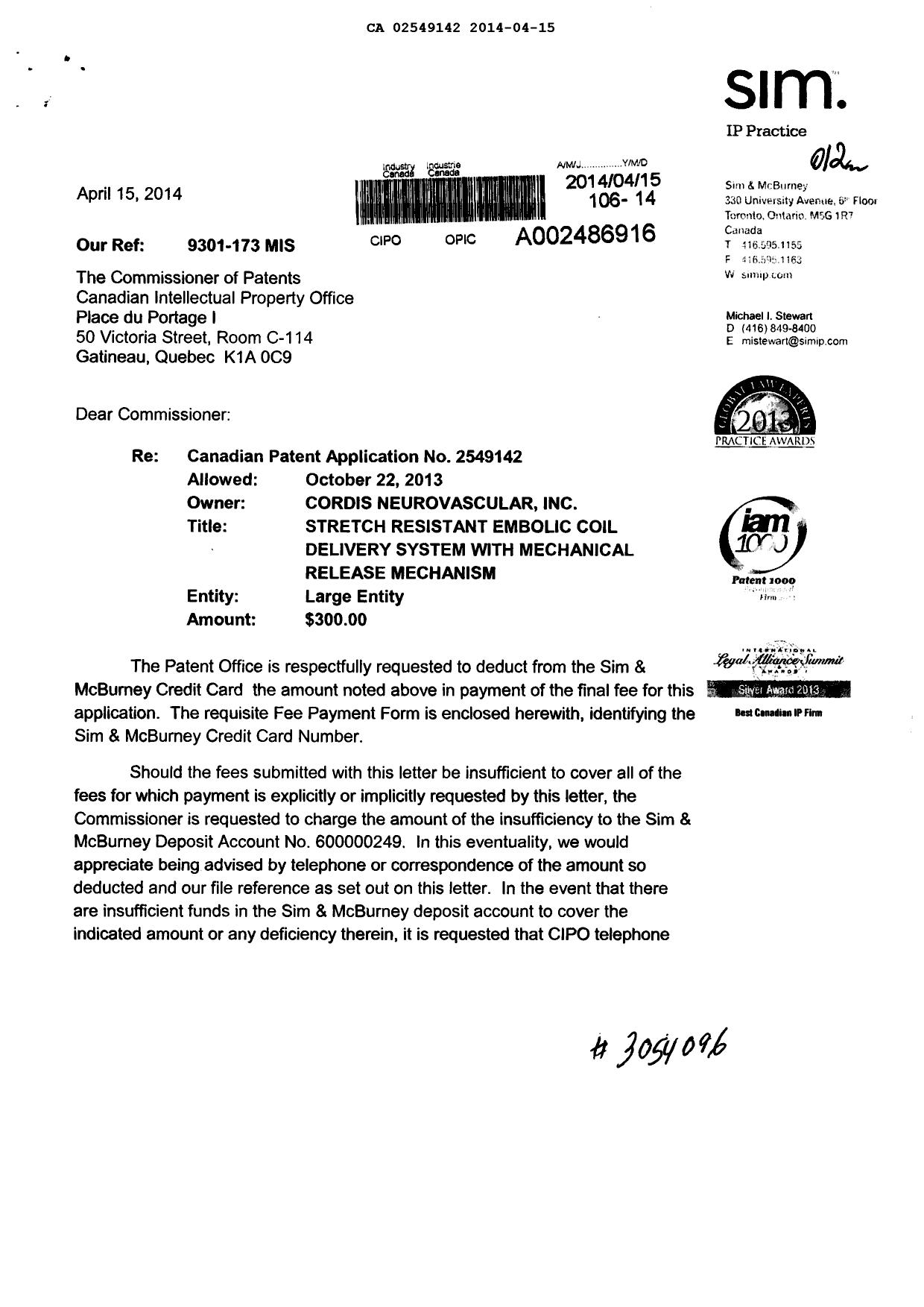 Canadian Patent Document 2549142. Correspondence 20140415. Image 1 of 2