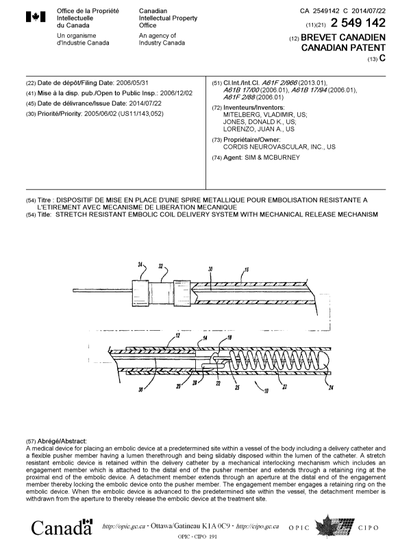 Canadian Patent Document 2549142. Cover Page 20140626. Image 1 of 1
