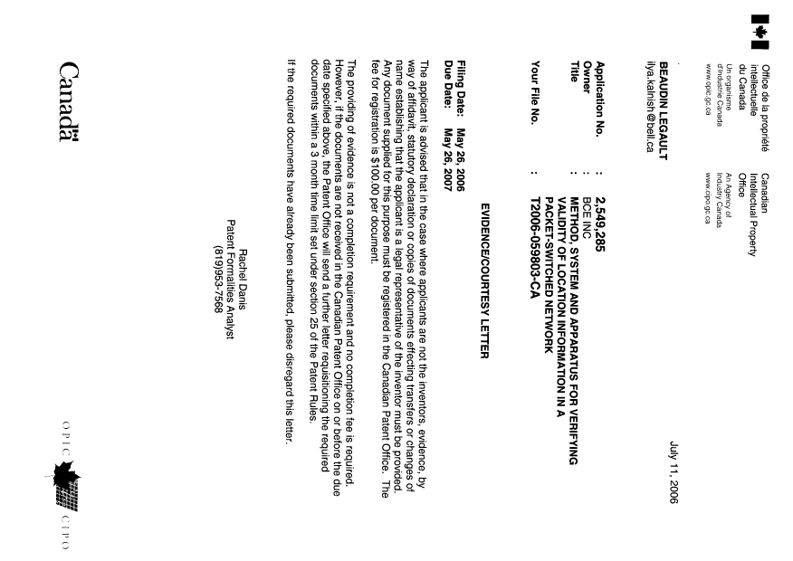 Document de brevet canadien 2549285. Correspondance 20060711. Image 1 de 1