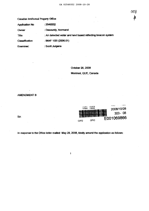 Canadian Patent Document 2549352. Prosecution-Amendment 20081028. Image 1 of 18