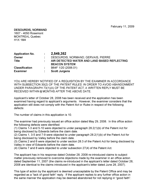 Canadian Patent Document 2549352. Prosecution-Amendment 20090211. Image 1 of 4