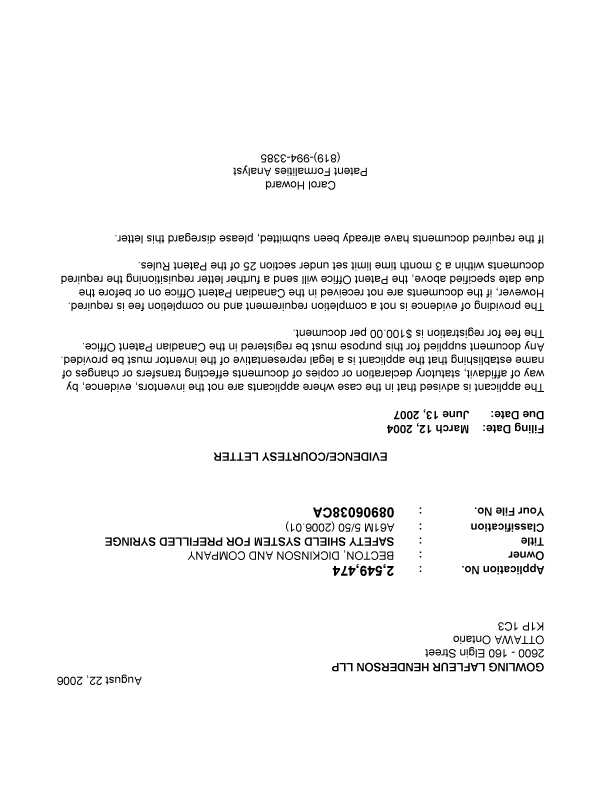 Canadian Patent Document 2549474. Correspondence 20060821. Image 1 of 1