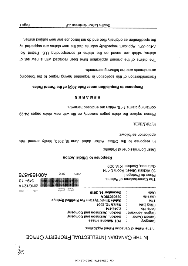 Canadian Patent Document 2549474. Prosecution-Amendment 20101214. Image 1 of 9