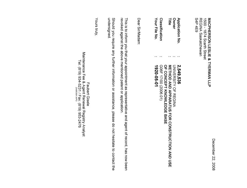 Canadian Patent Document 2549536. Correspondence 20081222. Image 1 of 1