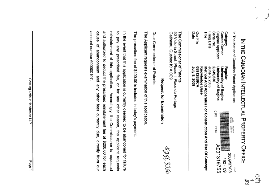 Canadian Patent Document 2549536. Prosecution-Amendment 20090708. Image 1 of 2