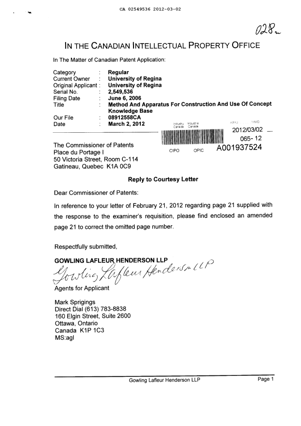 Document de brevet canadien 2549536. Correspondance 20120302. Image 1 de 2